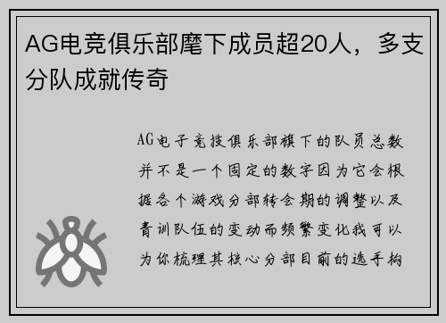 AG电竞俱乐部麾下成员超20人，多支分队成就传奇
